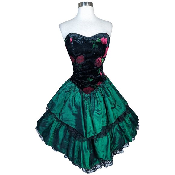 Vintage 80s CORSET Rose Floral Black Velvet Strapless Green Prom Party Dress S - Picture 3 of 16
